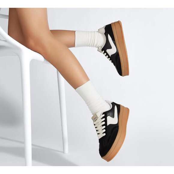 Women Platform BlackWhite Sneaker Thick Sole Suede Leather Low Top Walking Shoes - Picture 7 of 9